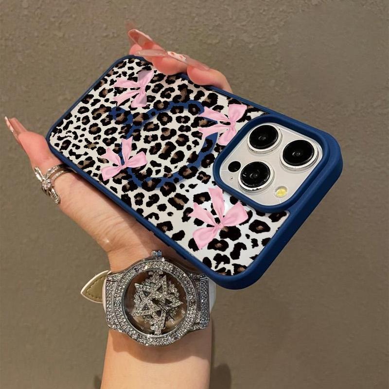 Leopard Print Bow Pattern Premium Magnetic Phone Cases for iPhone 16 15 14 Pro Max 13 12 11 Plus Smartphone Shockproof Protection Acrylic Cover Cellphone Protective magsafe magnetic case Aesthetic Resistance Casing Protector.QXE719