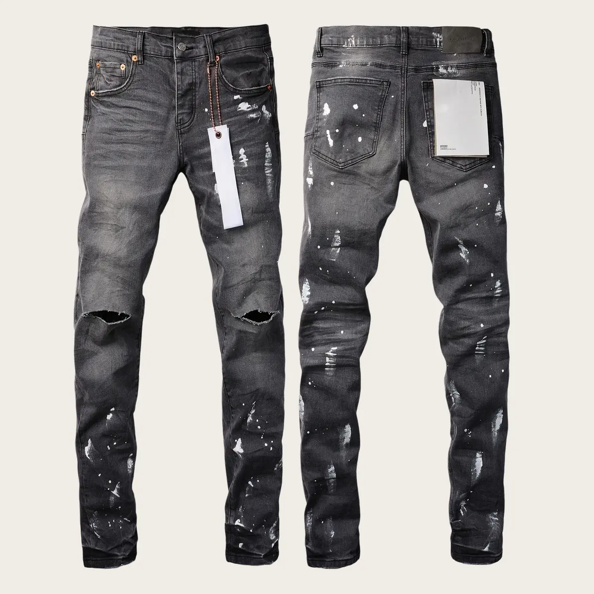 Mens Y2K Vintage Luxury Designer Stacked Jeans Trend Vintage Washed Knee Ripped Paint Splash Slim Tapered Cuff Stretch Denim New Tags US Sizes 28-40