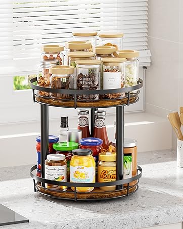 9.1'' Wood Lazy Susan Turntable Organizer for Cabinet, 2 Tier Lazy Susan Spice Rack Organizer for Kitchen, Table Top, Countertop, Pantry, Medicine Organizer
