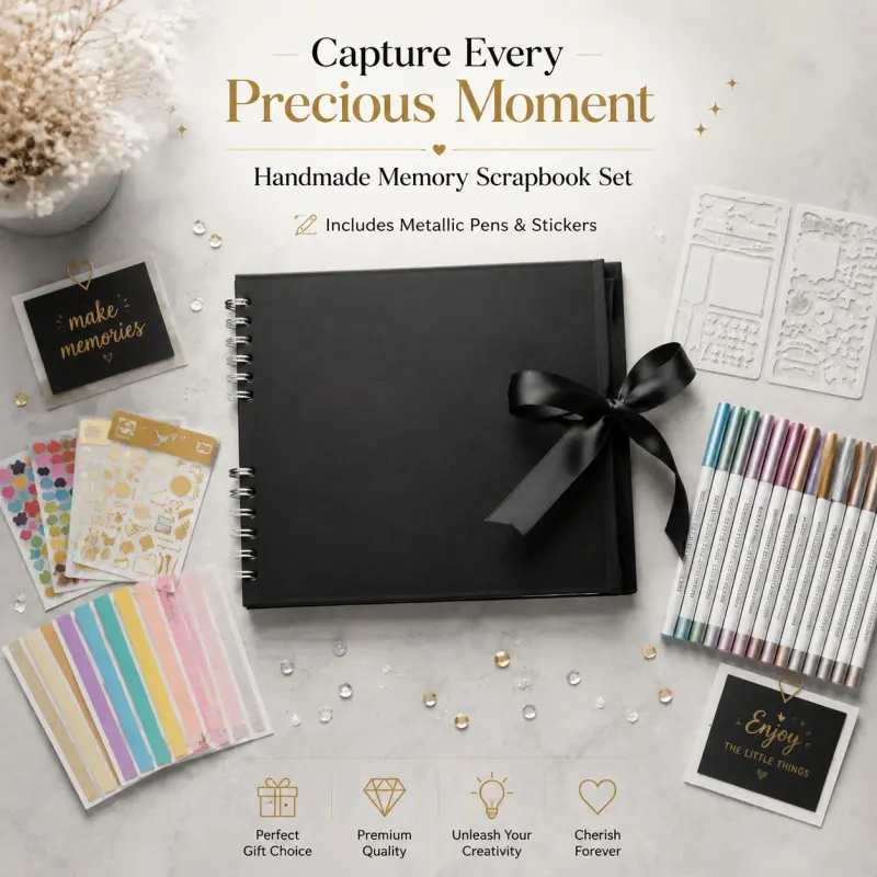 Black Ribbon Bound Scrapbook Photo Album Set with Metallic Pens, Stickers & Decorative Tapes, DIY Memory Journal Book for Travel Wedding Birthday Keepsake & Ideal Festival Gift, Scrapbooking Kit