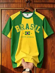 Men's Sporty Brazil Football Print T-Shirt, Summer Street Style, Soccer Shirt, Breathable Comfort, Ideal for Outdoor Activities, Football Tee