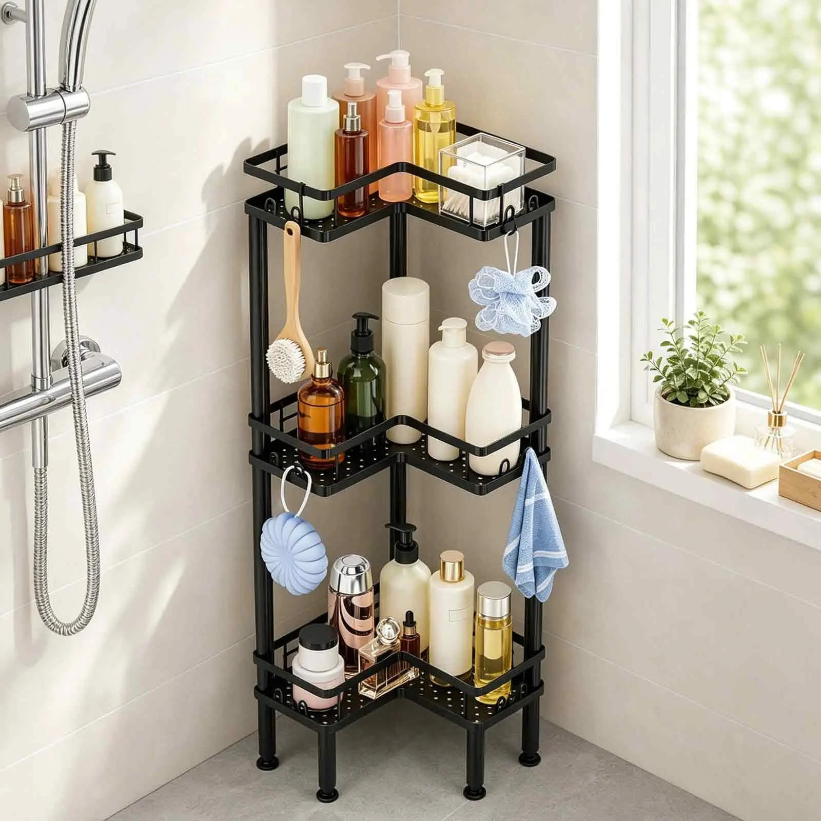1 pc, 2/3 tier,bathroom corner storage rack,Freestanding bathroom storage rack,Body wash, shampoo, shower supplies, toiletries storage rack,No drilling required,With hooks and suction cups,Corner Shelving Unit,Suitable for bathrooms, kitchens