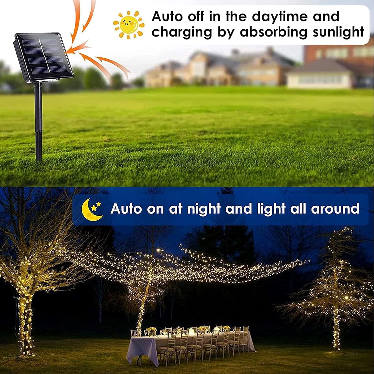 Solar-powered decorative string lights: The warm light version contains 200 LEDs, while the white light version contains 300 LEDs. They support 8 different flashing effects, making them perfect for decorating Christmas scenes, as well as for embellishing