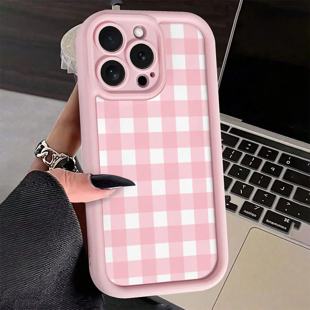 Sweet Pink Plaid Soft TPU iPhone Case - Full Coverage, Anti-Drop, Shockproof Protection Mobile Phone Accessory, Compatible with iPhone 13,14,15,16,17 Pro Max Series, Accessories