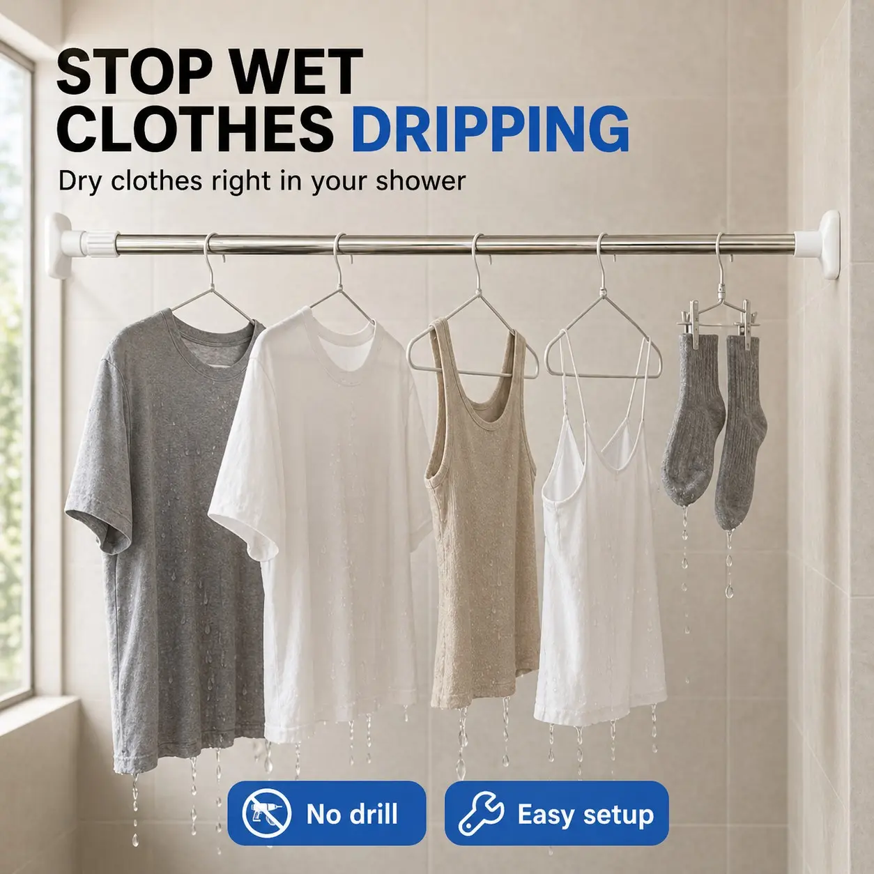 Adjustable Clothes Drying Rod, 50-80cm Extendable Bathroom Rack, Non-Slip, Space-Saving, Suitable for Bathrooms, Windows, Closets