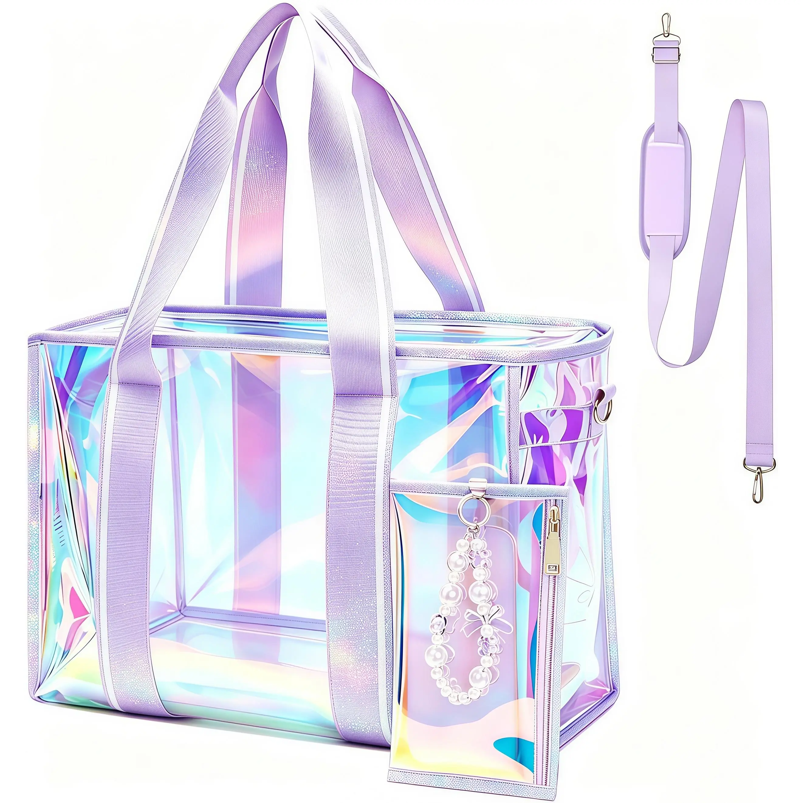 Large Iridescent Clear Beach Tote Bag for Women, Water-Resistant Tip-Resistant Tote for Beach, Pool, Gym & Travel