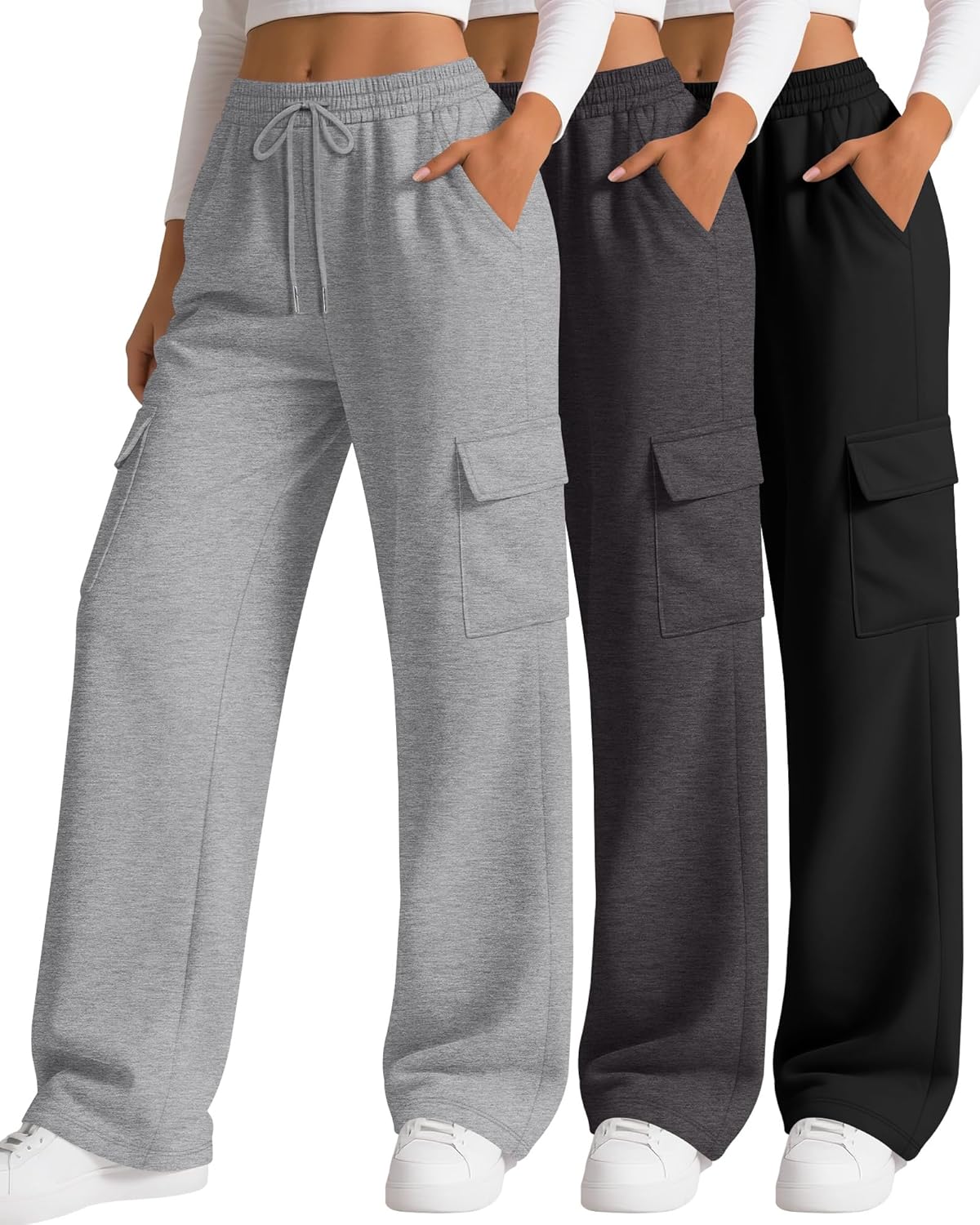 3 Pack Women's Cargo Sweatpants Wide Leg Baggy Loose Elastic Drawstring Pants Casual Athletic Joggers with 4 Pockets