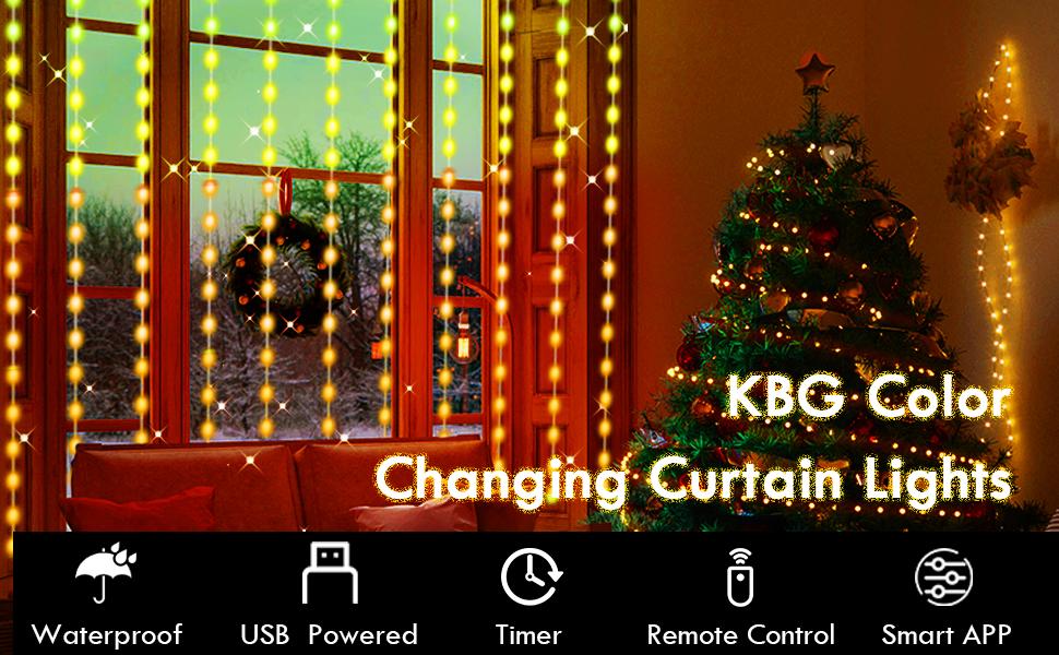KBG Smart Curtain Lights RGB Color Changing Curtain Lights, USB Powered with Remote/APP Control Curtain String Lights Waterproof for Backdrop, Patio,Wedding, Bedroom Decoration (8Ft x 6Ft)