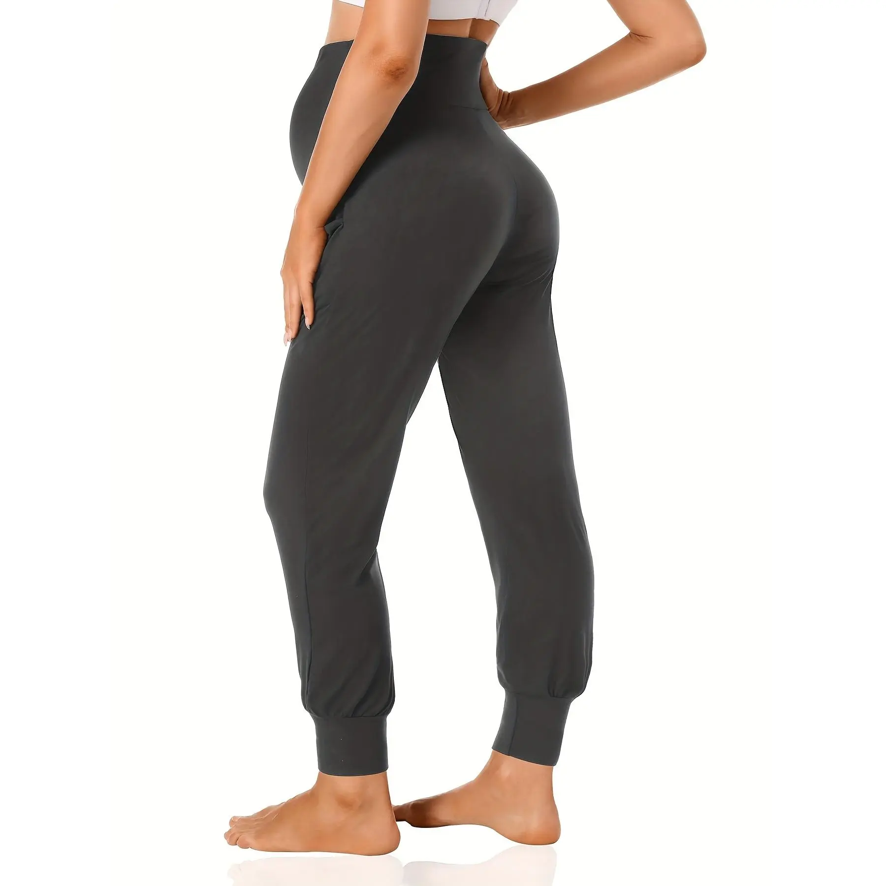 2pcs Women's Maternity High-Waisted Stretchy Pants - 95% Rayon 5% Spandex Tummy Control Elastic Waistband, 7/8 Length with Pockets for Running, Lounge & Postpartum - All-Season Comfort (Black & Grey), Maternity Pants, Pregnancy Clothing, Solid Color Pants