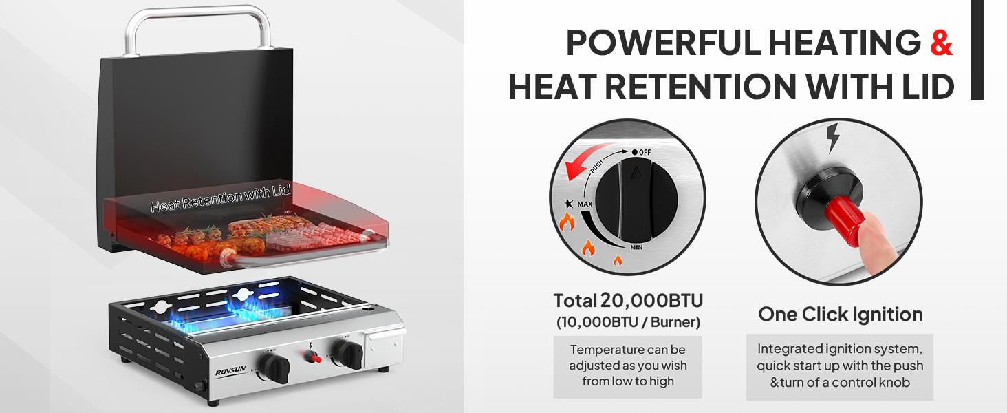 ROVSUN 2/4 Burner Portable Propane Griddle with Enameled Tray & Lid, 20000/40,000 BTU Tabletop Flat Top Gas Grill with Electronic Ignition & Regulator for Outdoor Cooking Camping BBQ Tailgating SpringStatements