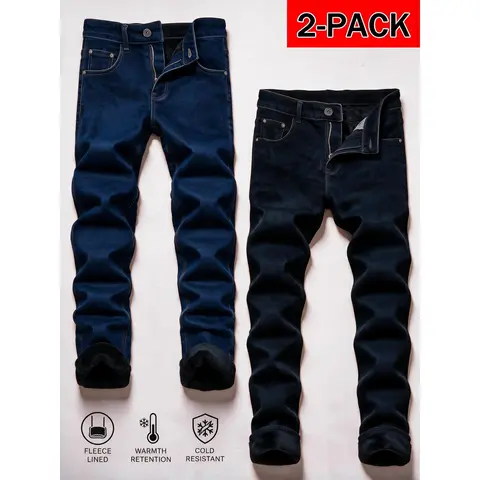 Men's 2-Pack Fitted Casual Jean Sets - Fleece-Lined Stretch Denim Blend, Slim Straight, Plain Full-Length Black Pants, Warm Winter Streetwear Trousers, Menswear Classic Woven Bottoms