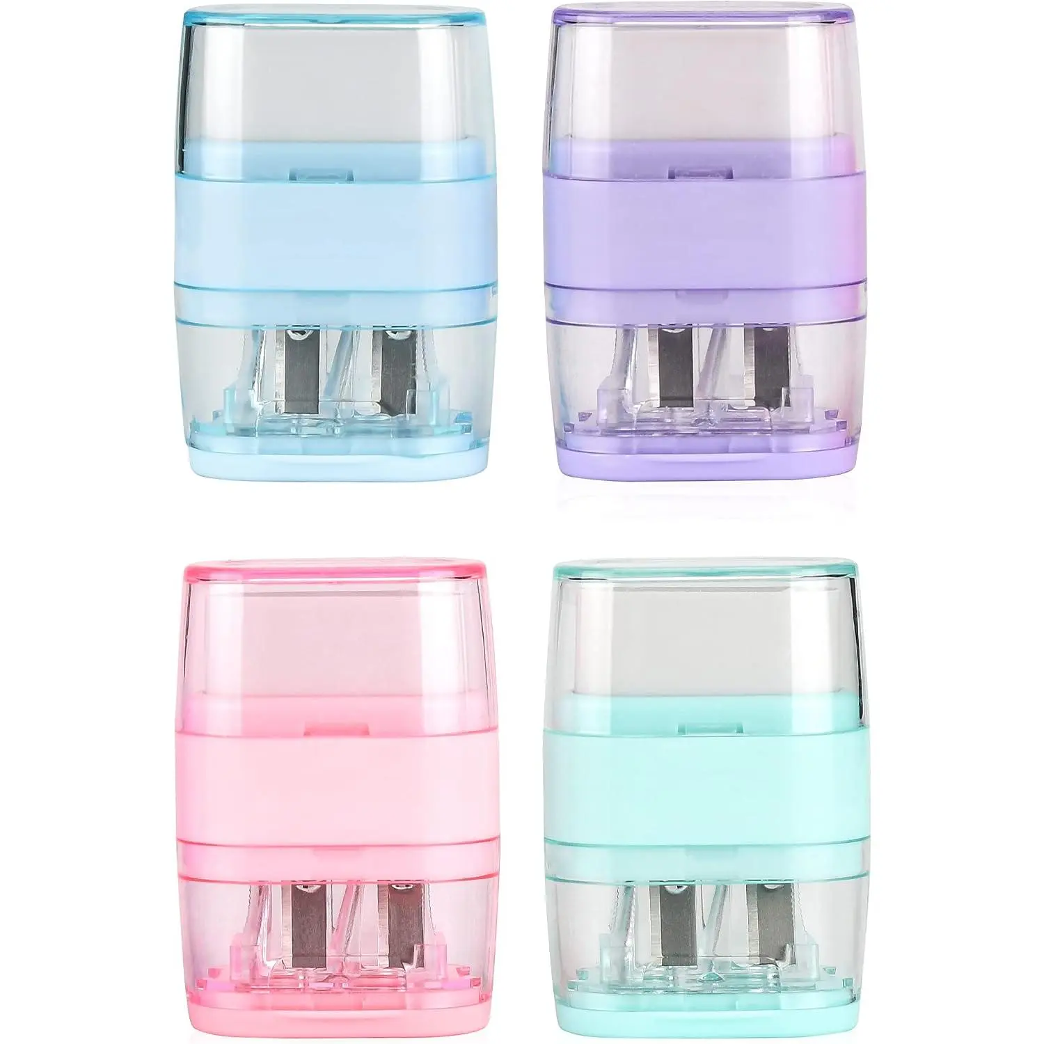 4 Pack Double Holes Pencil Sharpener with Eraser,Manual Pencil Sharpeners with Lid & Eraser for  School Office