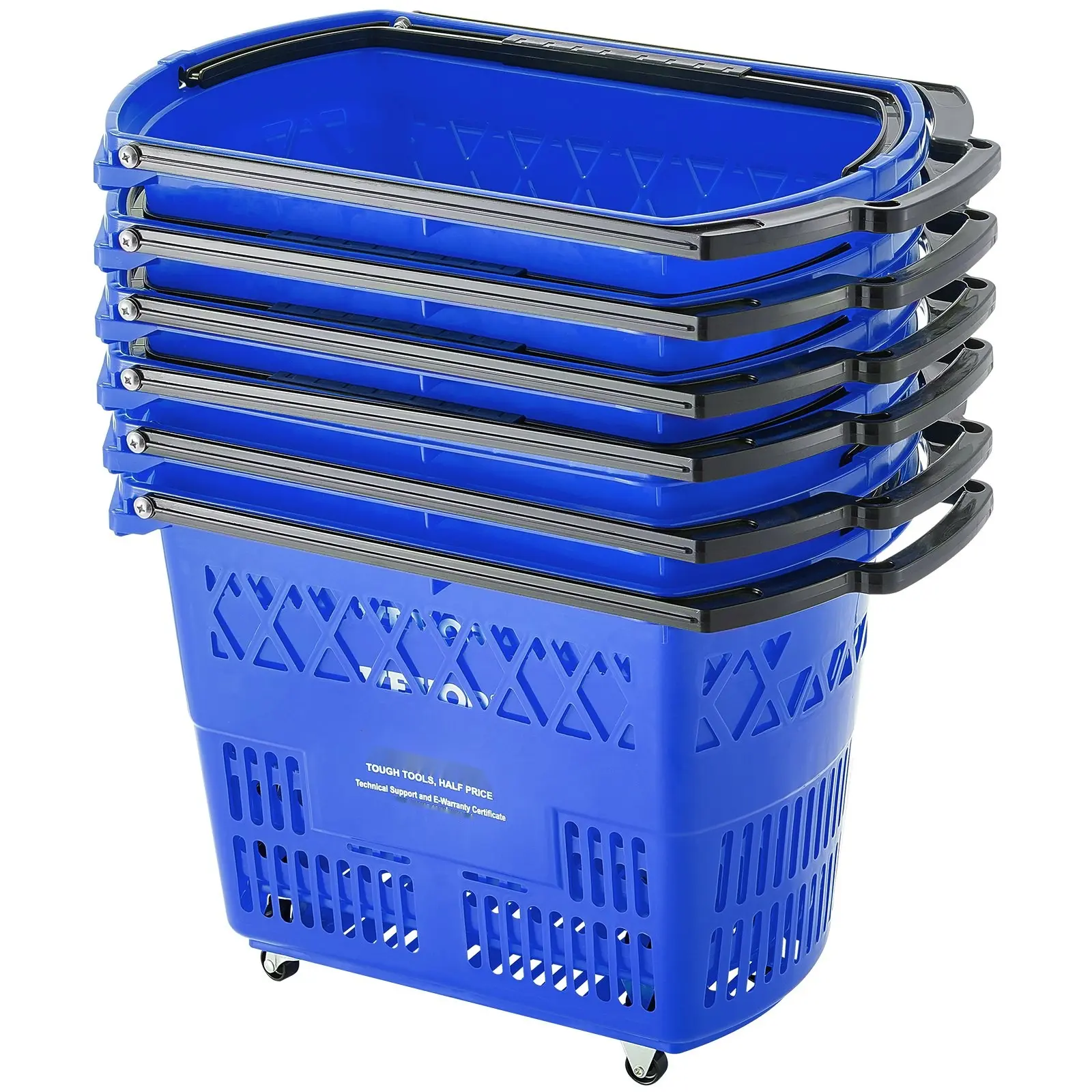 Plastic Rolling Shopping Trolley Basket On Wheels, Six Piece Set, 39 Liter Capacity, Durable Lightweight Storage Cart For Grocery Home Laundry And Market Use, Ergonomic Handle, Stable Anti-Slip Wheels