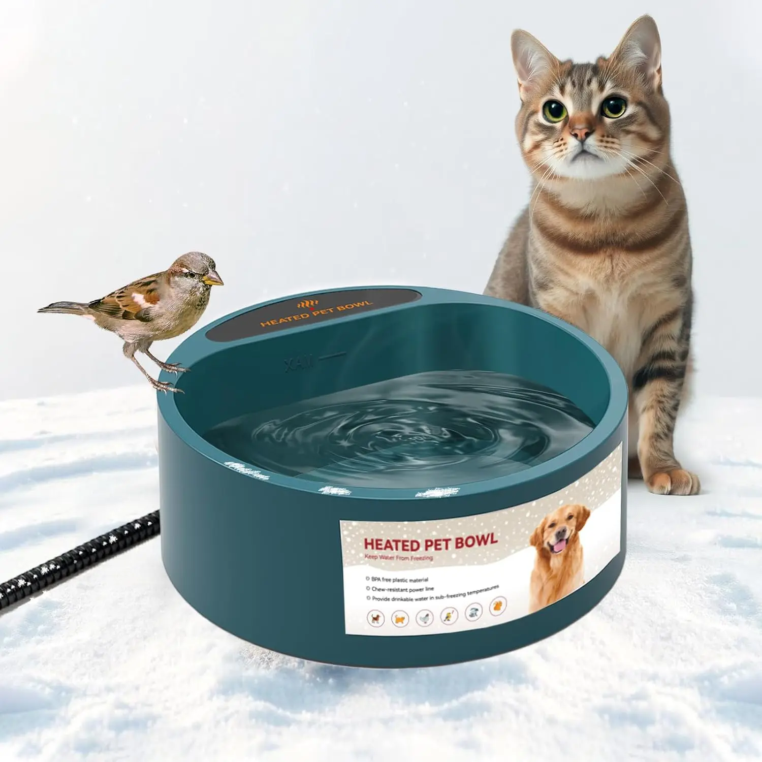 Heated  Bowl, Heated Water Bowl for Outdoor Cats, Winter  Water Dish with AntiBite Wire Heating Chicken Waterer  Thermal Bowl for Rabbits Birds Feral , 35W 2.2L