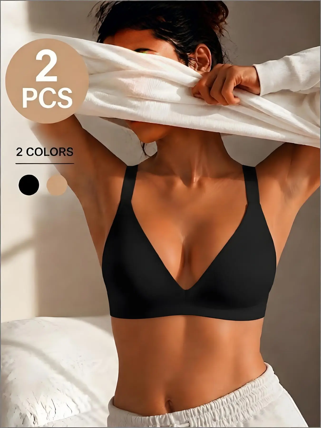 2-Pack Women's Wireless Bra, Soft Comfortable Deep V Bare Feel, Casual Slim-Fit, All Seasons, Buckleless, No Lining, Min Support