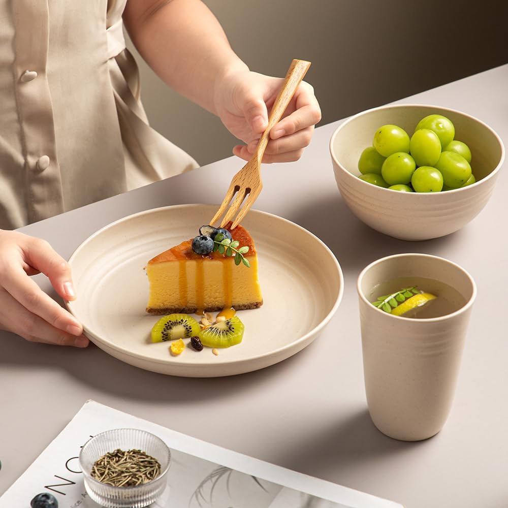 18 count Wheat Straw Dinnerware Sets Unbreakable Dinnerware Set Lightweight Dish Set Cups Plates and Bowls Set Microwave and Dishwasher Safe Dishware Sets