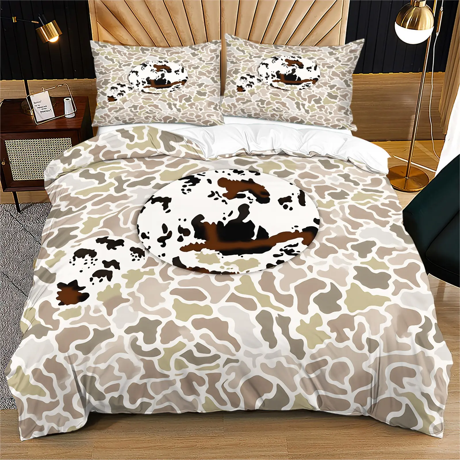 Neutral Earth Tone Camo Base Cow Print Duvet Cover Set, Western Farm Rustic Bedding, Decorative Duvet Cover, 1 Duvet Cover & 1/2 Pillowcases, No Fillers