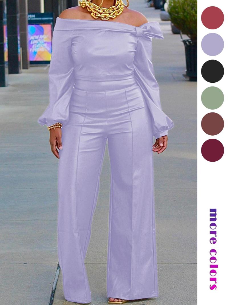 Two-Piece Set Women's Spring Plain Off Shoulder Knot Front Bishop Sleeve Blouse & Wide Leg Pants Set, Solid Color Long Sleeve Top & Trousers Set for Fall, Women's Clothes