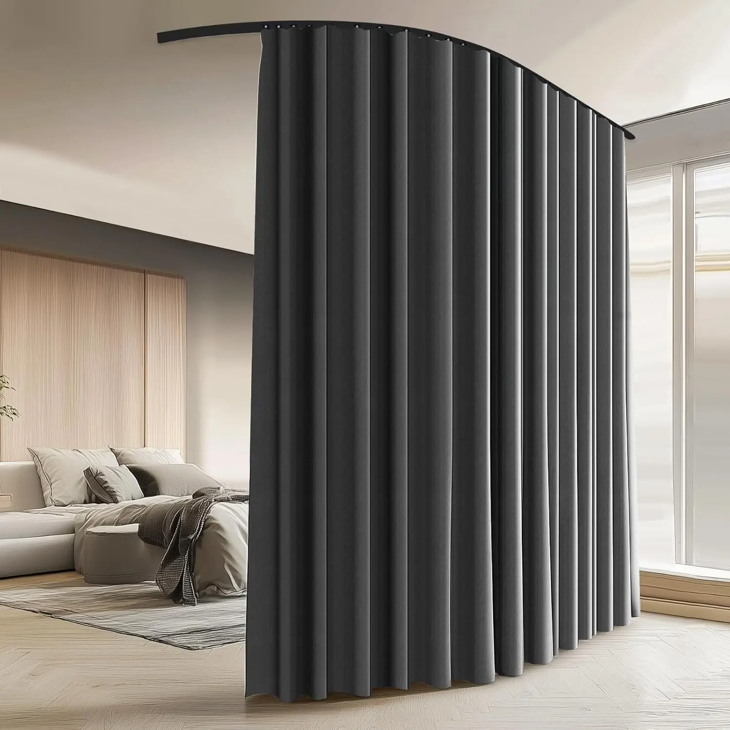 Room Divider Curtains with Ceiling Curtain Track Set Total Blackout Thermal Insulated Privacy Curtain for Bedroom Living Room W 6 × H 6 FT Grey Drape & Black Track