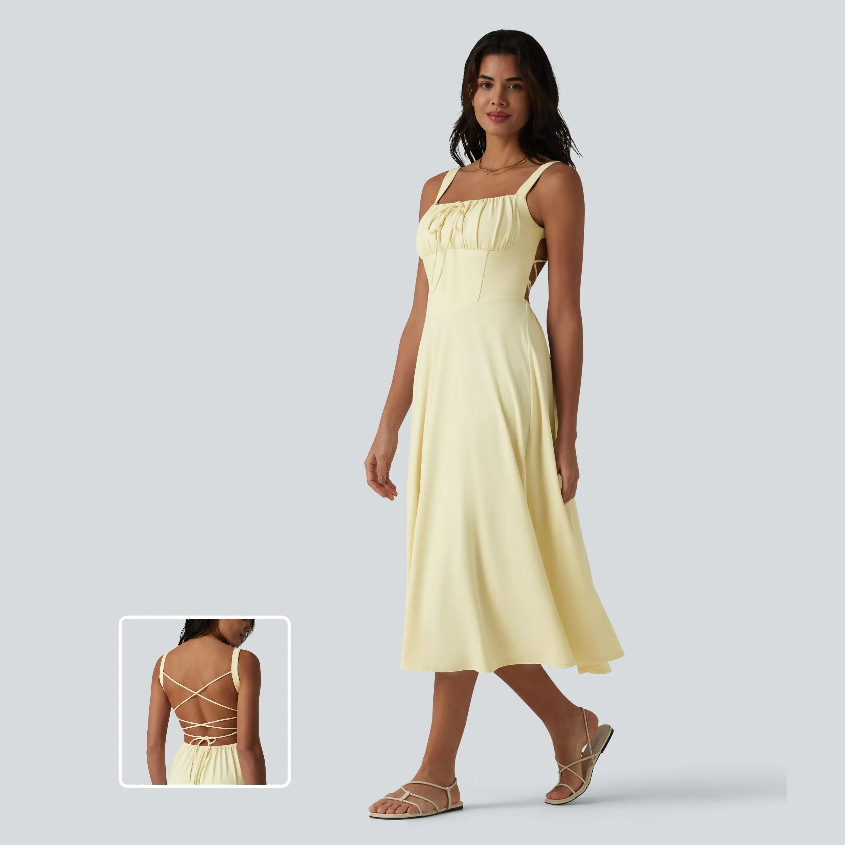 Halara Crisscross Backless Square Neck Sleeveless Ruched Built-in Bra Midi Resort Flowy Milkmaid Dress