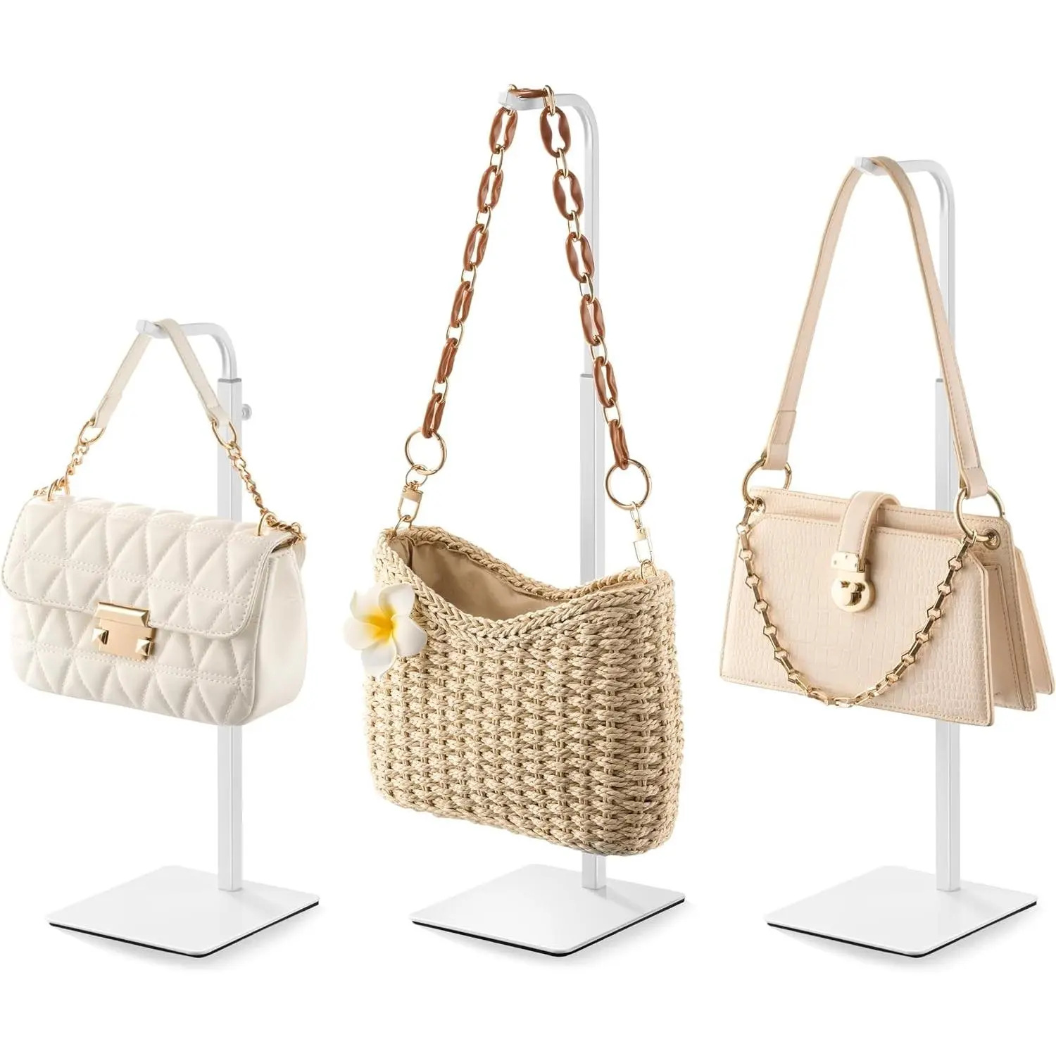 3-Pack Compact Metal Purse Holder, White Adjustable Hook Display Stand for Bags & Wreaths, Ideal for Tabletop & Closet Home Supplies Use, Display Bags, Metal Stand