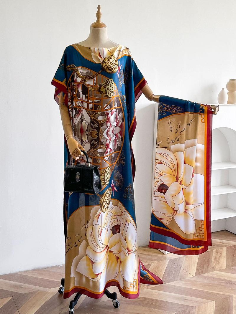 Elegant Floral Print Long Robe and Headscarf Set, Boho Style Beach Cover-Up with Sun Protection, Women's Lightweight Satin Scarf, Swimsuit Cover Up