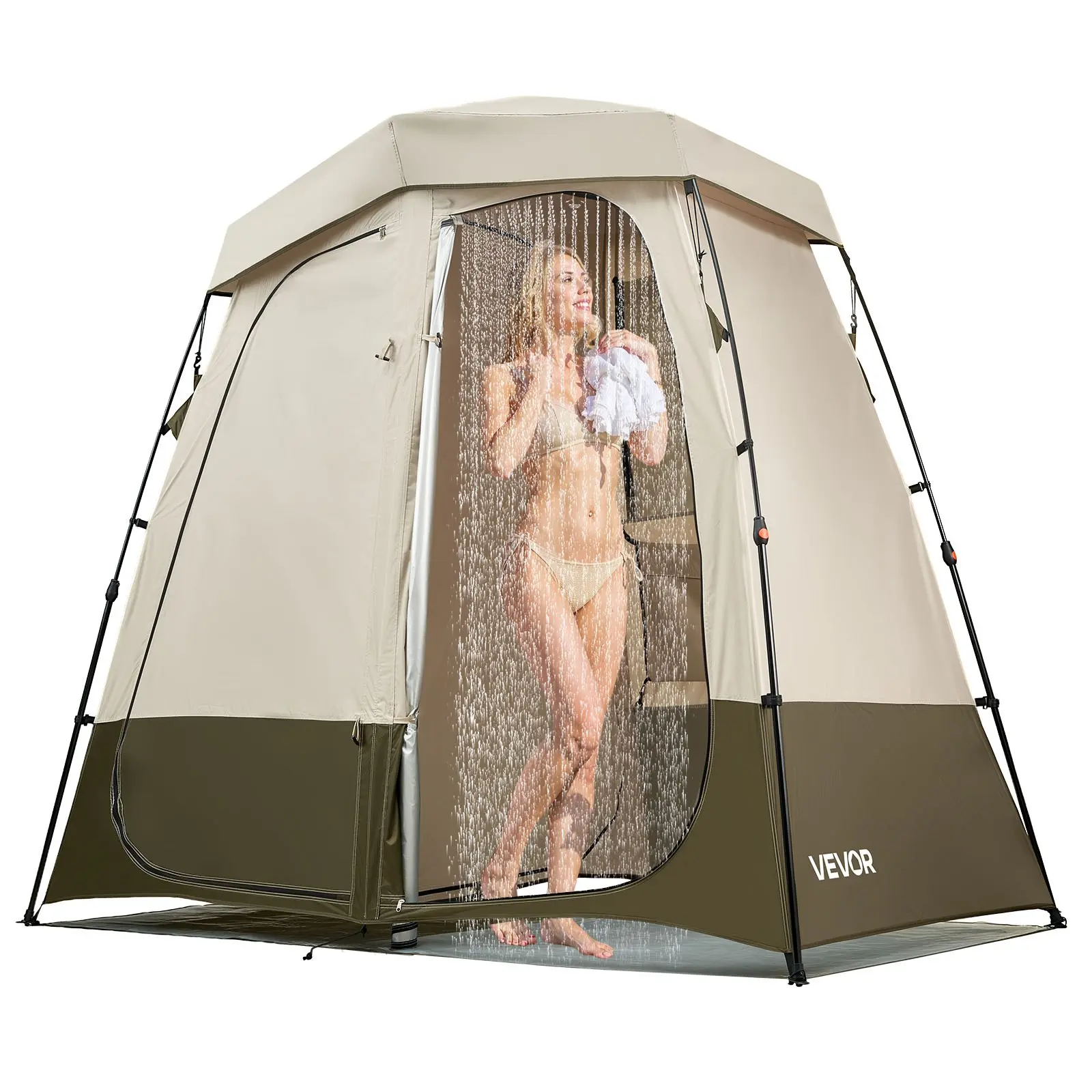 VEVOR Portable Shower Tent - 2-Room Foldable Privacy Changing Room, 150D Oxford Fabric with Silver Coating, 13.78 lbs, Sturdy Breathable Waterproof Tent, with Ground Stakes, Ropes, Carry Bag, Crossbar, Windproof, Great for Outdoor Activities, Beach