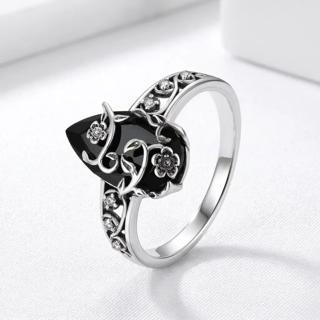 Women's 925 Sterling Silver Vintage Flower Ring - Synthetic Obsidian & Lab-Grown Black Diamond Statement Band, Healing Energy Crystal Jewelry, Gift for Her with Premium Box (Mother's Day, Birthday)