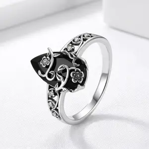 Women's 925 Sterling Silver Vintage Flower Ring - Synthetic Obsidian & Lab-Grown Black Diamond Statement Band, Healing Energy Crystal Jewelry, Gift for Her with Premium Box (Mother's Day, Birthday)