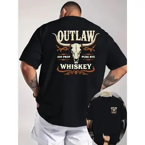 Men's Outlaw Whiskey Western T-Shirt, Double-Sided Print, American Retro Whiskey Graphic Tee, Loose Fit Short Sleeve Top, Vintage Western Culture Design, Casual Streetwear for Enthusiasts, Unique Cowboy Style Shirt