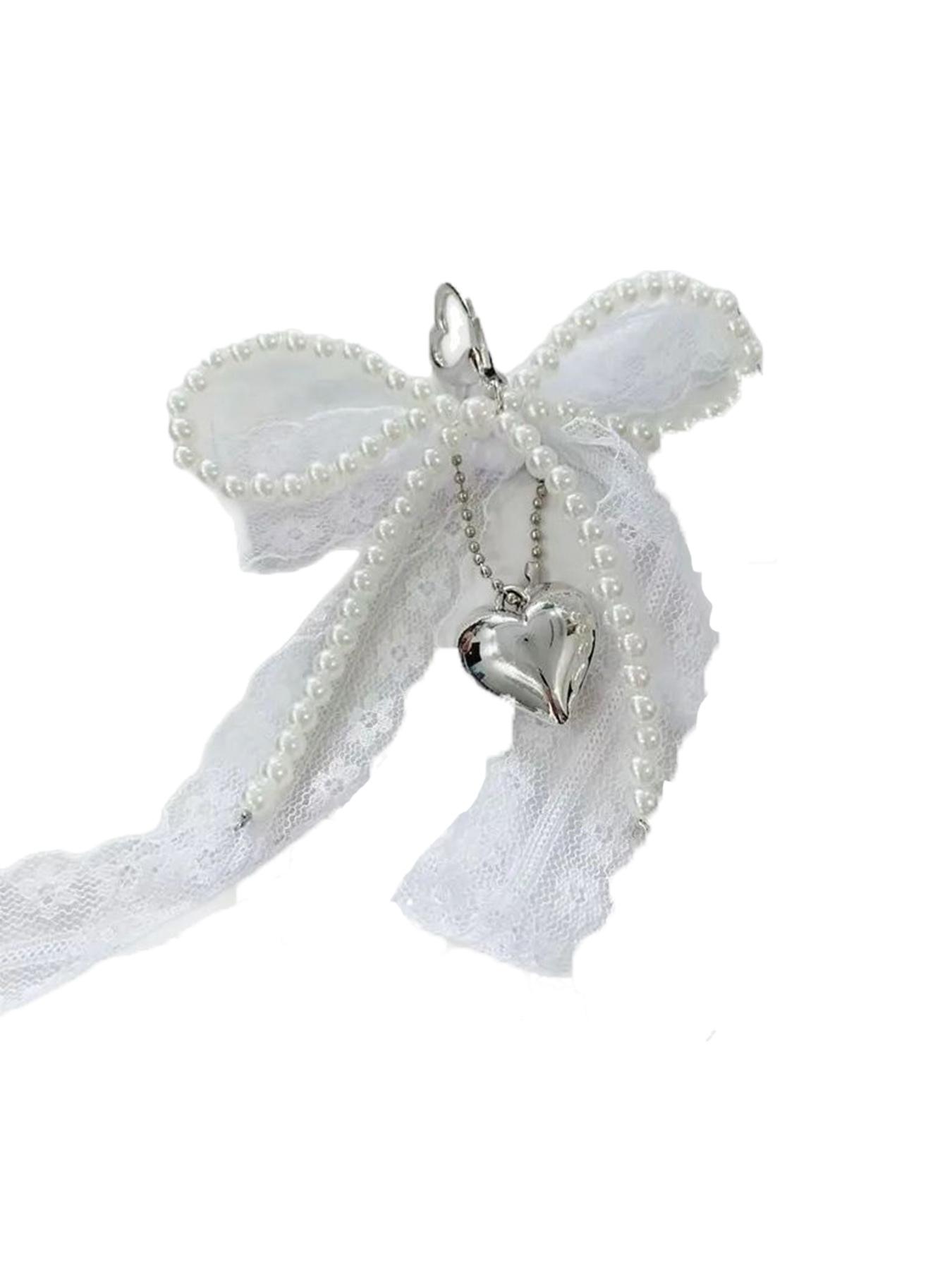 Fashionable and exquisite lace bow pendant, pearl heart-shaped pendant bag keychain pendant, sweet and cute accessories princess style, niche fashion all-match, ladies bag pendant jewelry, school bag pendant decoration, Charms for bags