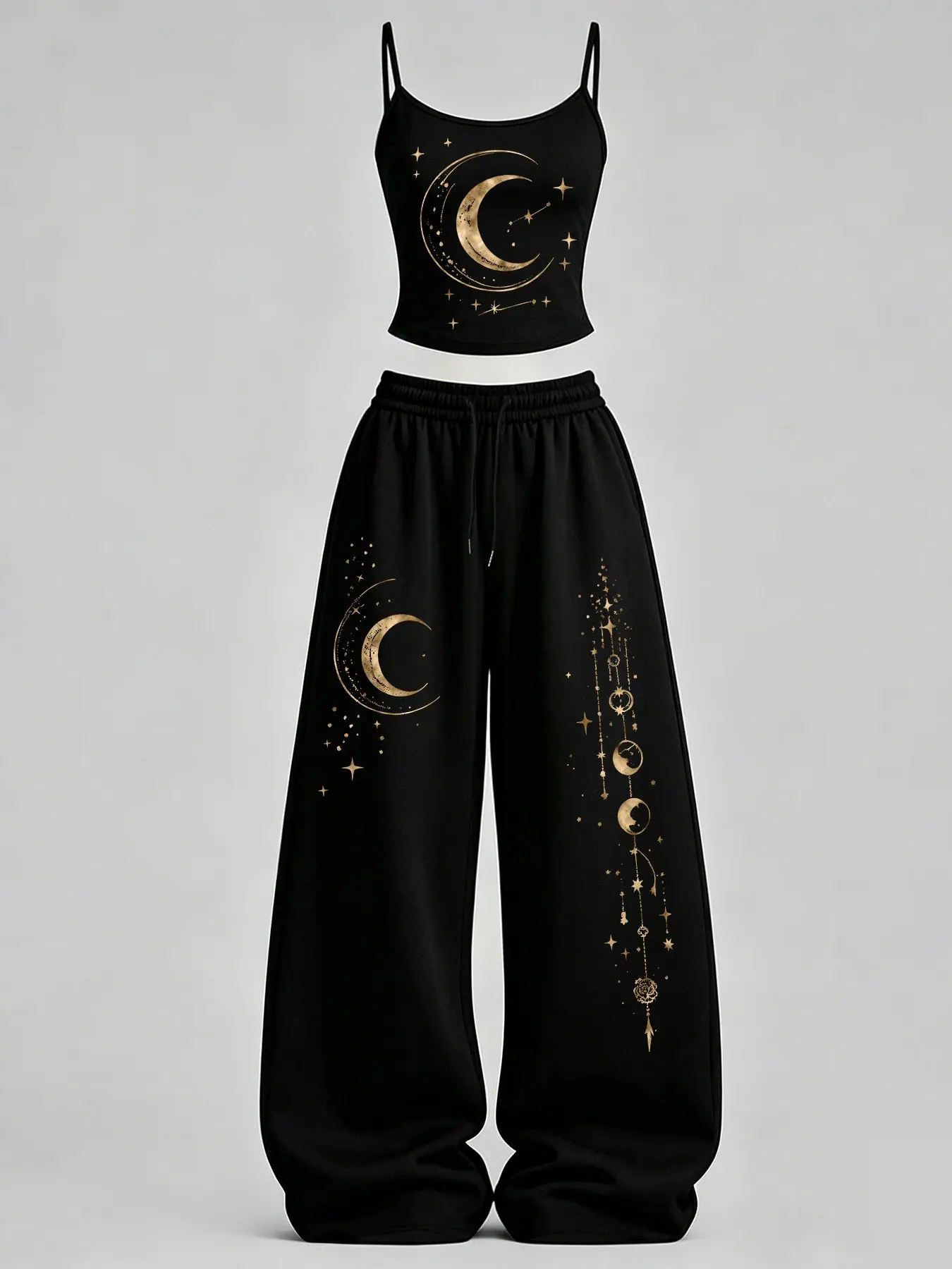 Women's Home Casual, Star Moon Print Slim Fit Tank Top + Loose Pants Set, Y2K, American Street Style Vibe, Daily Wear, Campus, Home Relax
