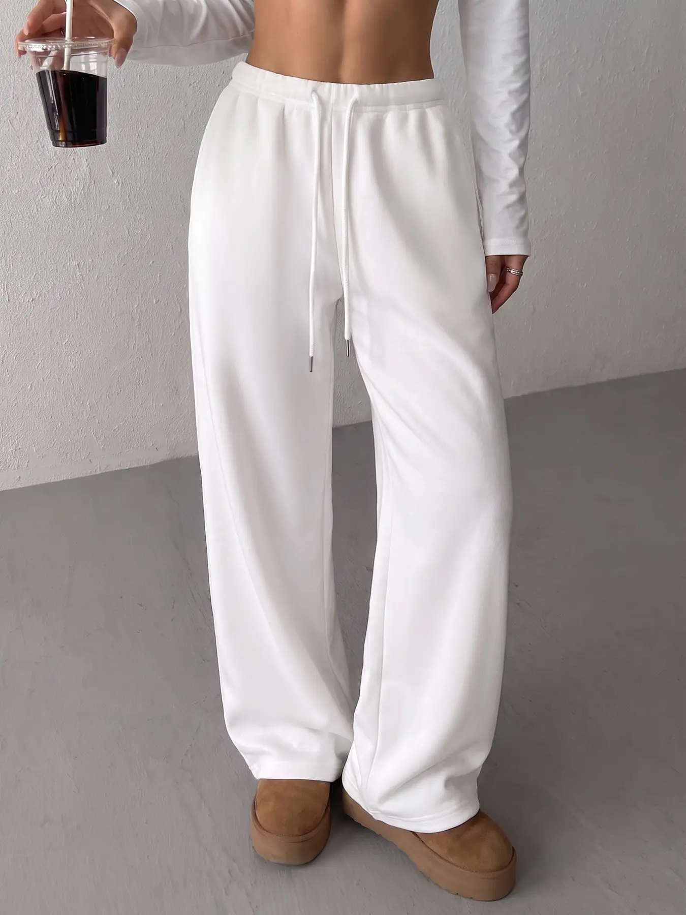 Women Solid White Drawstring Elastic High Waist Wide Leg Sweatpants, Soft Loose Straight Casual Lounge Trousers, Minimalist Streetwear Basic Workout Pants
