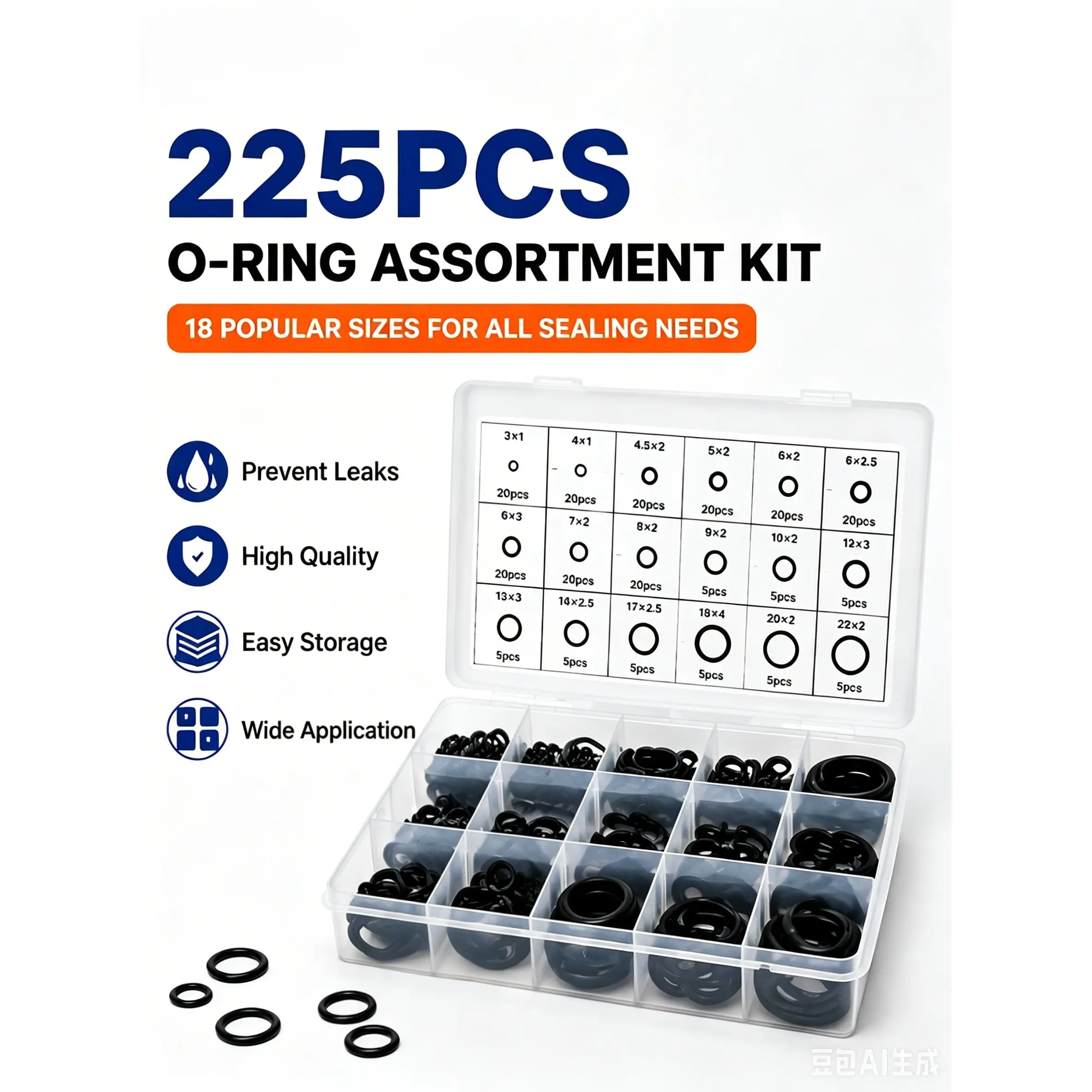 225PCS Nitrile Rubber O-Ring Assortment Kit, 18 Sizes Universal Rubber Seal Gasket Washers, Oil Resistant O Rings for Plumbing, Automotive AC, Faucet, Water Pipe & Machinery Repair#ORingKit#PlumbingRepair#AutoACRepair#HomeDIYTools