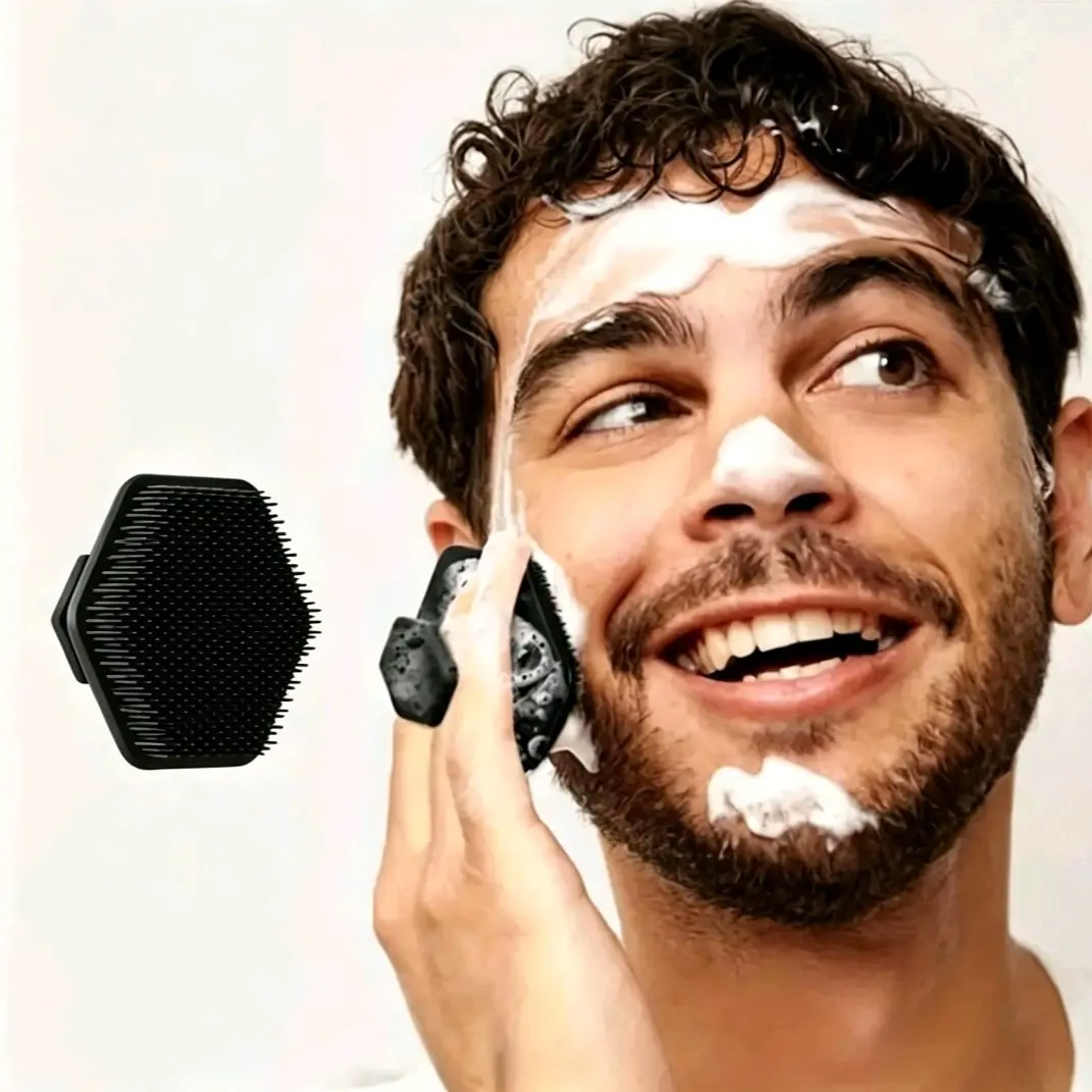 Portable Silicone Hexagonal Face Brush, Face Exfoliator Scrubber for Men and Women, Deep Cleaning Exfoliation Tool, Beard Trimming Set, Massage Function, Travel Bag Included