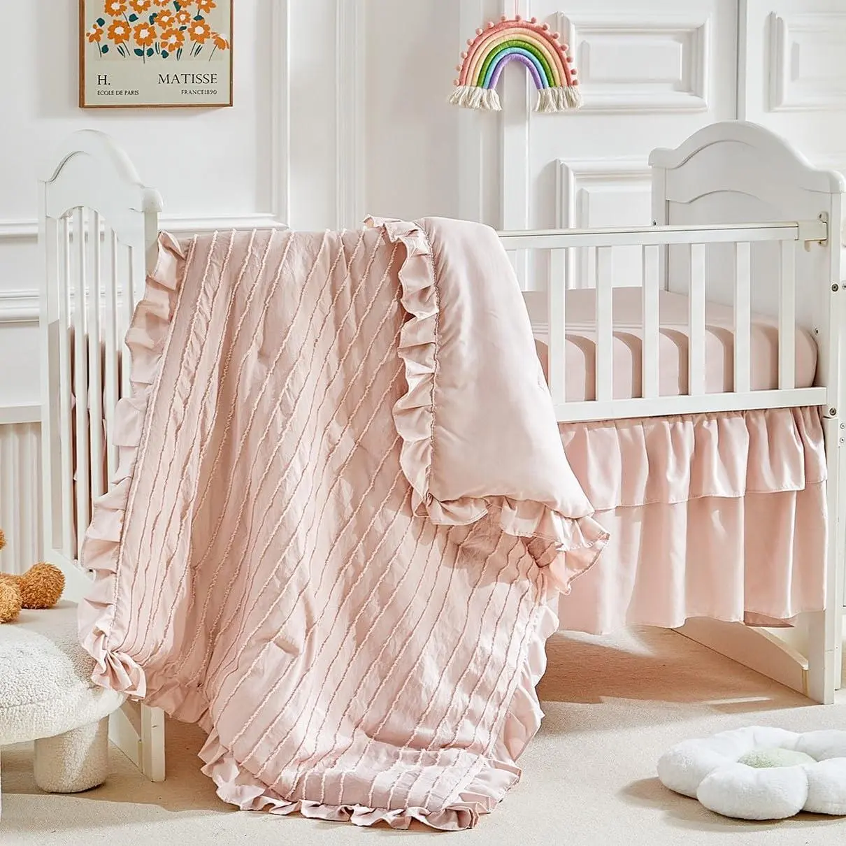 3-Piece Tufted Striped Crib Bedding Set with Ruffle Fringe - Shabby Chic Soft Fabric Boho Jacquard Design, Pink Ruffled Comforter, Fitted Sheet, Bed Skirt for Baby Girls