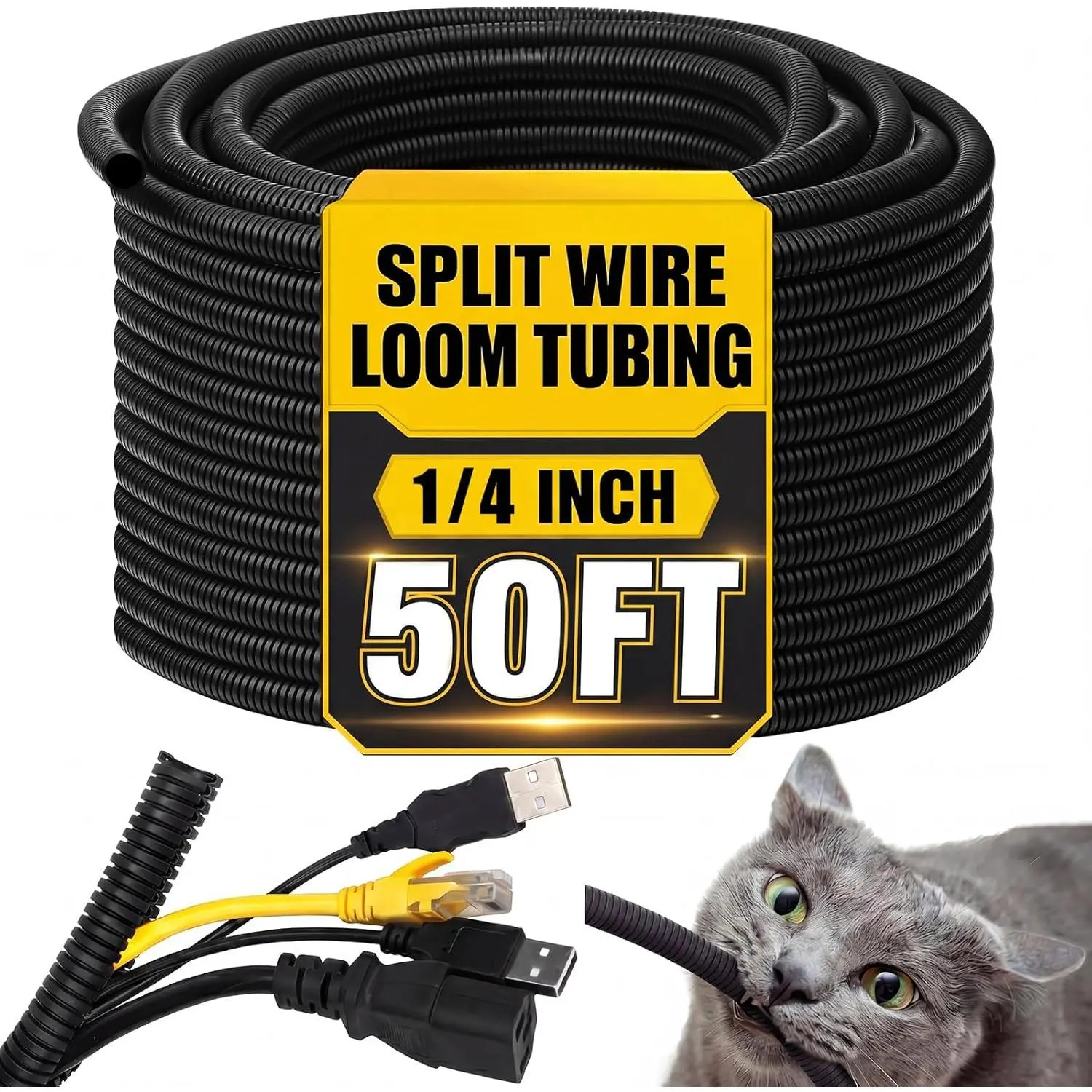 Split Wire Loom Tubing Flame Retardant Wire Covering High Temperature Cable Sleeves Split Protector Cable Conduit for Industrial Electrical Automotive Marine(1/2''-50 ft,Black),car,repair,tool kit