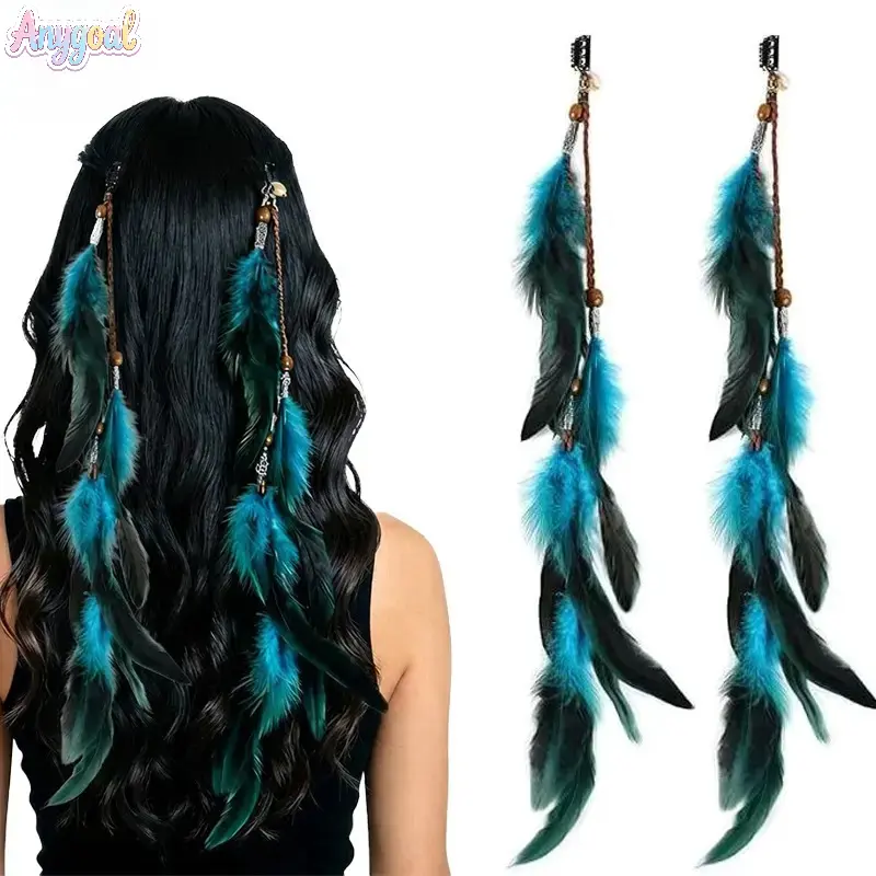 2 Pack Bohemian Natural Feather Hair Barrettes, Retro Ethnic Wooden Bead Long Tassel Hair Clips, Hippie Style Decorative Hair Pins For Women’s Beach Vacation, Music Festival Styling And Themed Cosplay Outfit Matching