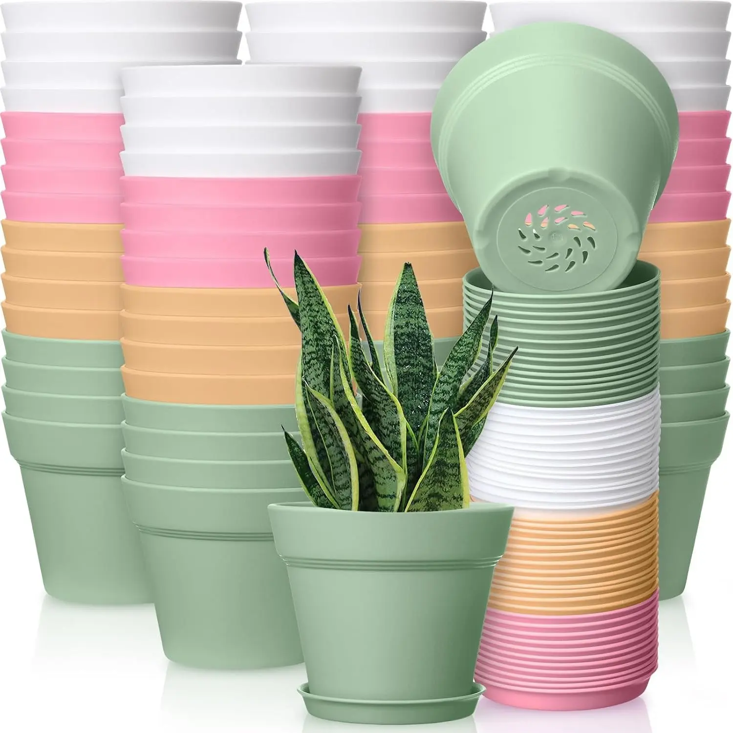 54-Pack 4-in Plastic Plant Pots Bulk with Drainage Holes & Saucers, Colorful Small Herb Planters for Indoor House Flowers, Succulents, Cacti