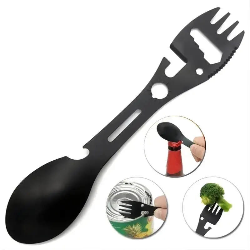 Sturdy Stainless Steel Camping Spork, 1pc Multifunctional Utensil with Integrated Wrench and Bottle Opener, Long-Lasting Outdoor Tool, Unisex, Lightweight, Outdoors, Compact