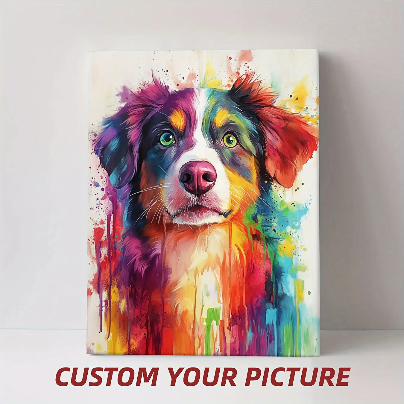 2D Flat, Personalized Dog Portrait Canvas Print - Photo Pet Memorial Gift Suitable for Living Room Wall Art, Modern Abstract Splash Painting with Your Photo, Wrap-Around Frame, Upload Your Picture for Pet Picture Gift for Decor, 2D Flat