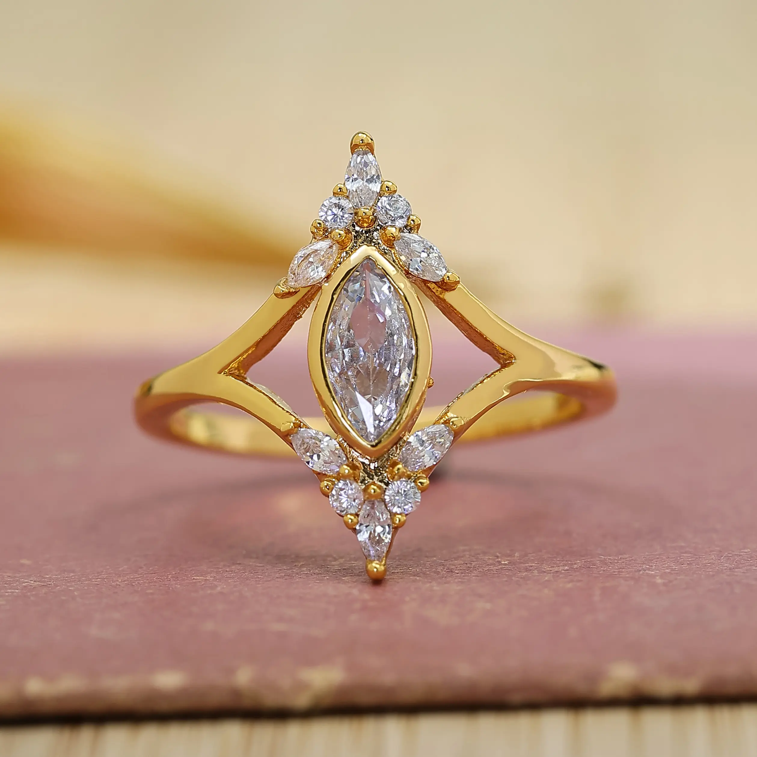 Marquise-Cut Engagement Ring - Gold-Tone Metal Coating Plain Band, Minimalist Gold Rings for Casual Wear, Costume Jewelry Gift for Valentine's Day Anniversary