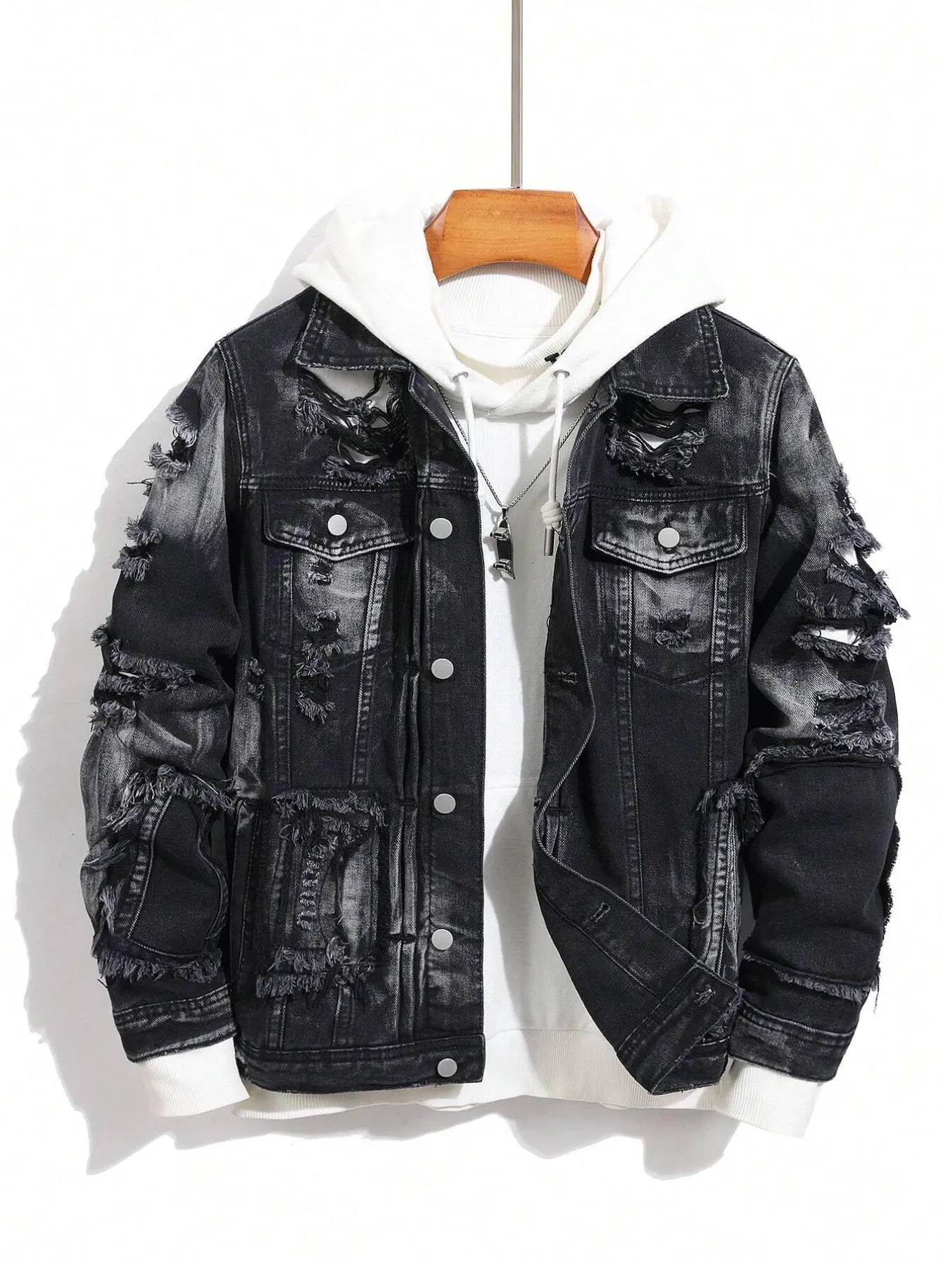 Fall Winter Men Denim Jacket Pocket Punk Streetwear Regular Fit Black Grey Washed Distressed Ripped Fringe Lapel Button Front Denim Coat Daily Street Outfit