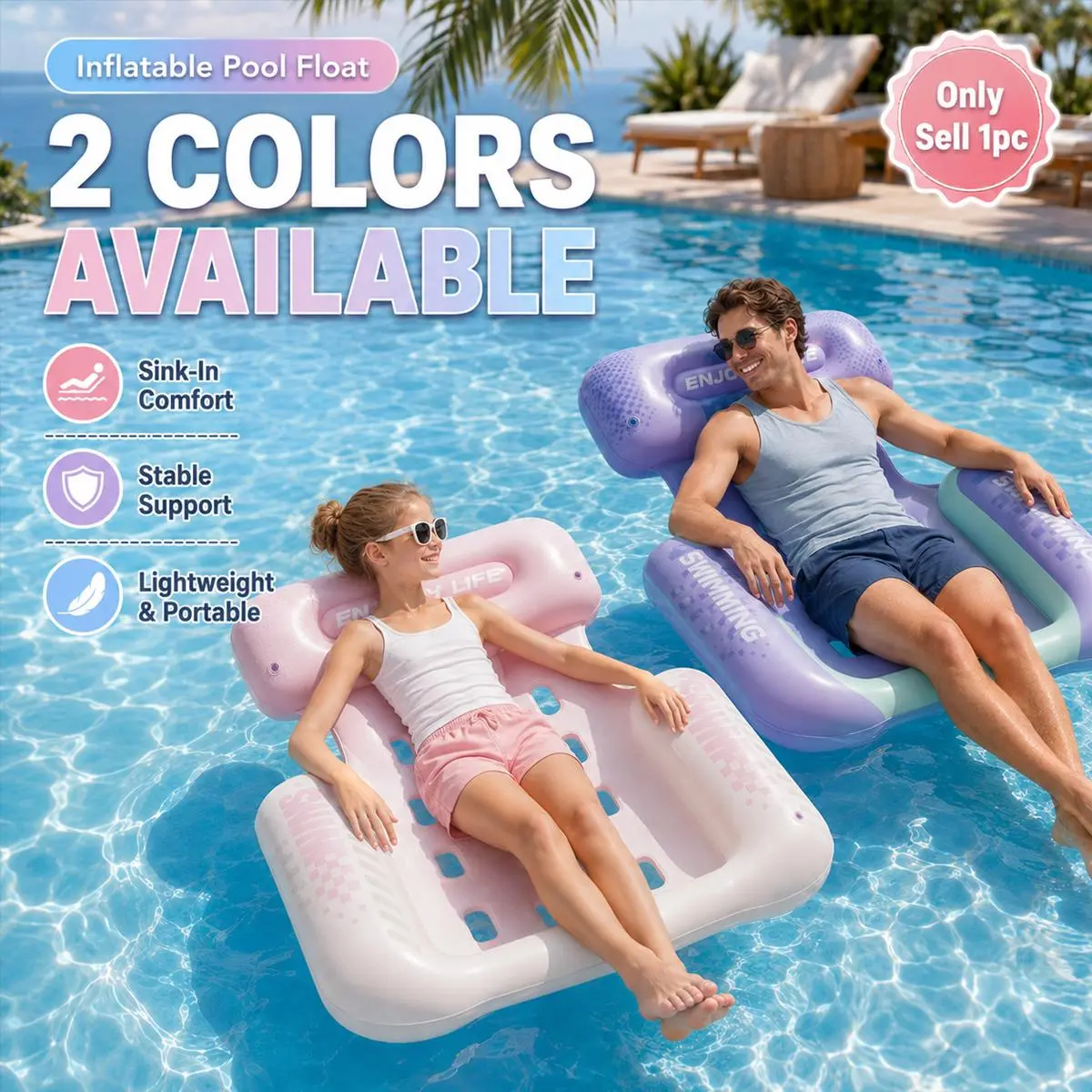 110cm Inflatable Floating Bed for Adults, 3-Tube PVC Water Lounger with Breathable Air Hole Surface, Portable Foldable Pool Float for Outdoor Swimming, Beach Lake and River, Comfortable Summer Floating Chair for Relaxation and Sunbathing, Pool Inflatables