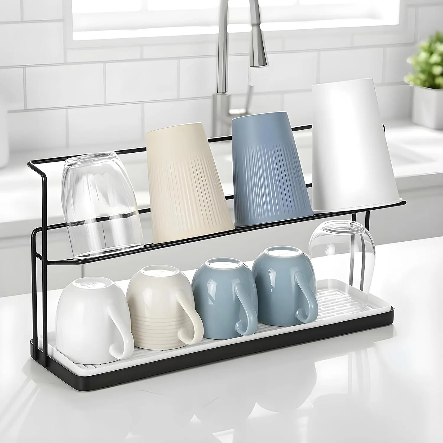 2-Tier Bottle Drying Rack Cup Cradle Storage with Drain Removable Tray Mug | 15.7“ Over Sink  Dry Small Dish Dryer,for Kitchen Countertop Water Bottles,and Tumblers,Coffee Mugs, Glasses