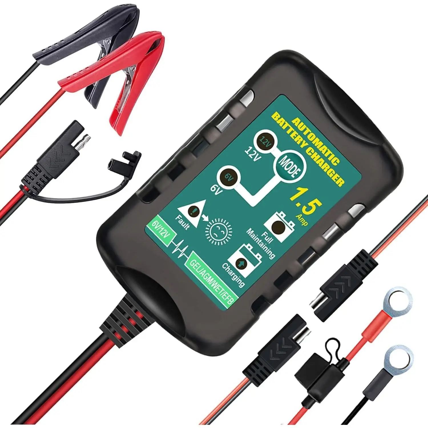 Battery Trickle Charger Maintainer, 1.5A Automatic Smart Float Charger Battery Charger for Motorcycle Lawn Mower Boat Tractor Gel Cell Lead Acid Batteries