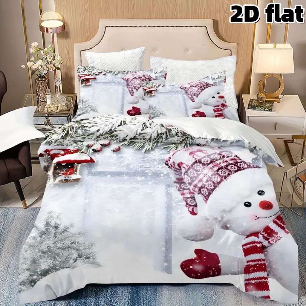 2D Flat 3Pcs Christmas Snowman Bedding Winter Holiday Themed Bedding Microfiber Duvet Cover with Pillowcases Xmas Snow Pine Tree Pattern Bedspread Quilt Cover for Bedroom Guest Room Home Decoration Christmas Gift