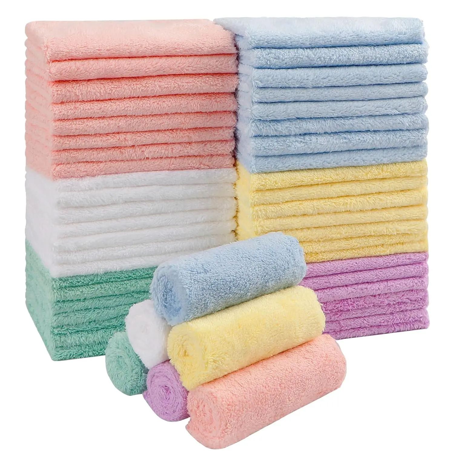 50 Piece Baby Washcloths Ultra Fine Microfiber Coral Fleece 7x9inch Highly Absorbent Soft Newborn Infants Toddlers Sensitive Skin