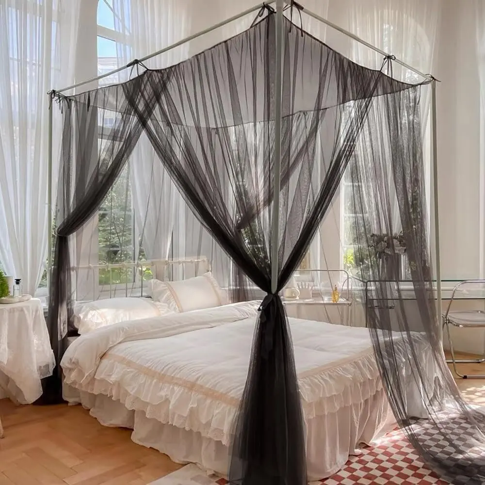 Net Bed for Bed, Black Netting Four Corner Post Curtains Bed Drape Elegant,86.6" W x 79" L x 102" H for King, Queen, Full Beds
