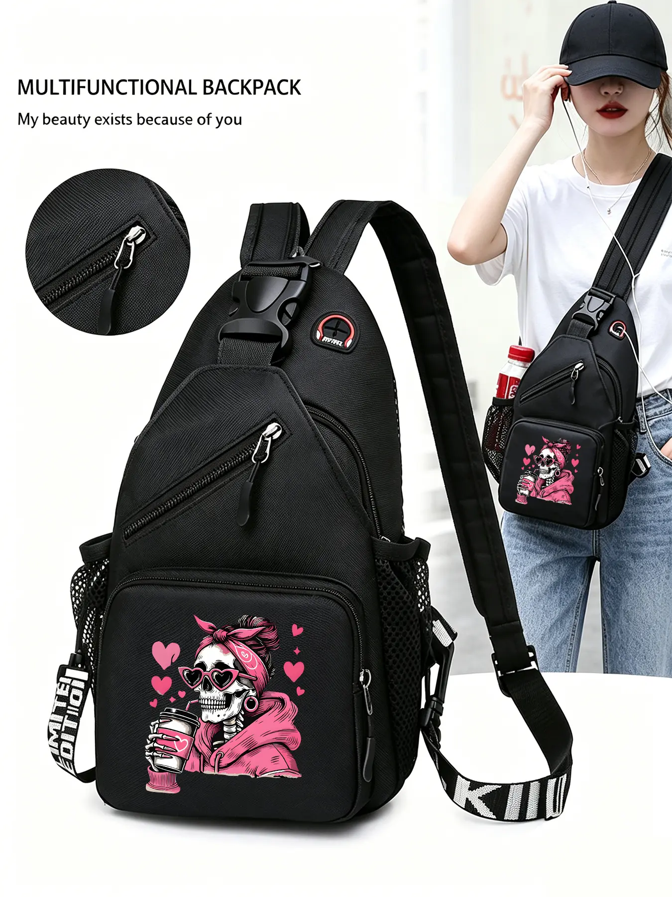 Mexican Day of the Dead Skull Girl Patterned Convertible Crossbody Shoulder Handbag/backpack, Multi-functional Chest Bag with Convertible Zippered Shoulder Strap, Multiple Pockets, Suitable for Travel, Sports, and Daily Commuting, Halloween Gifts